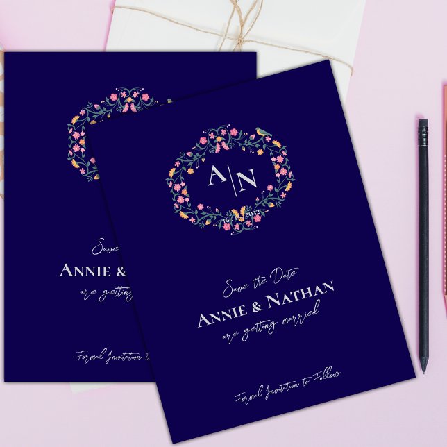 Monogram Blue Intricate Floral Frame Wedding Announcement Postcard (Monogram Blue Intricate Floral Frame Wedding Announcement Postcard)