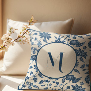 Monogram Blue Ivory Chinoiserie Floral Pattern Throw Pillow