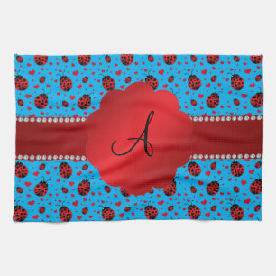 Monogram blue ladybugs hearts pattern kitchen towel