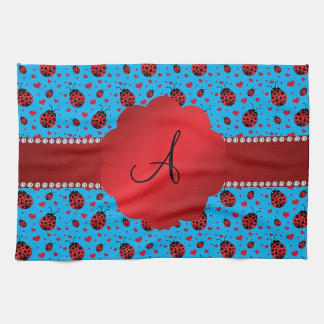 Monogram blue ladybugs hearts pattern kitchen towel (Horizontal)