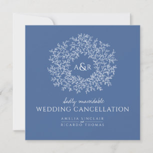 Monogram blue leaves wedding cancellation announcement