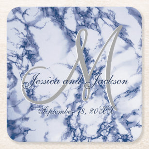 Monogram Blue Marble Design Square Paper Coaster