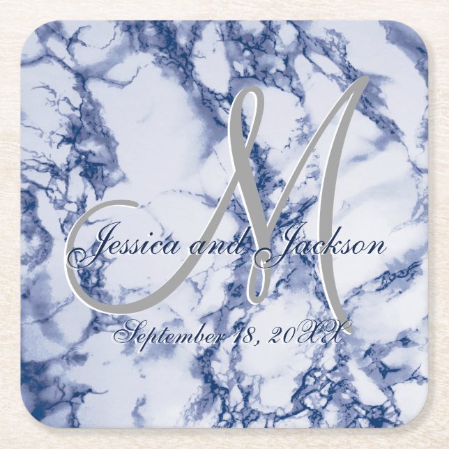 Monogram Blue Marble Design Square Paper Coaster (Front)