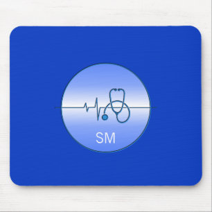 Monogram Blue Medical Stethoscope Heartbeat Mouse Pad