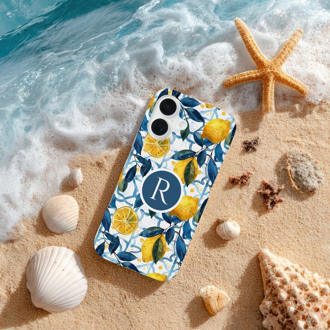 Monogram Blue Mediterranean Style Lemon Pattern  iPhone 16 Case (Creator Uploaded)