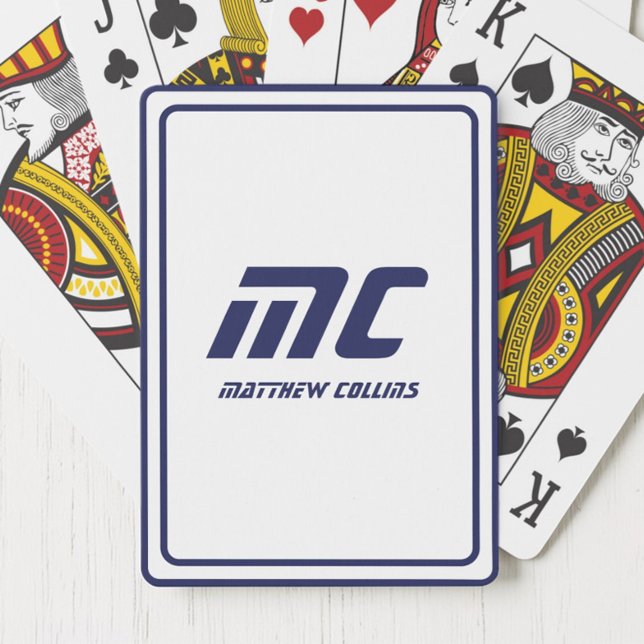 Monogram Blue Minimalist Name Modern Text Men's Playing Cards (Monogram Blue Minimalist Name Modern Text Men's Poker Cards)