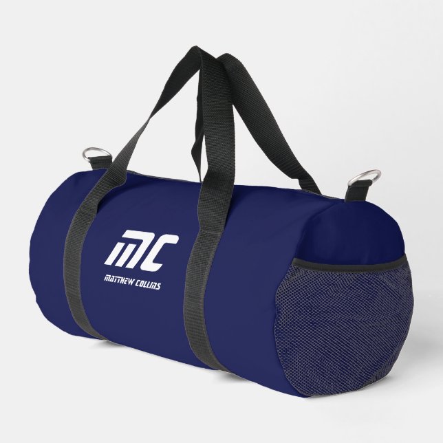Monogram Blue Minimalist White Name Simple for Him Duffle Bag (Right Corner)