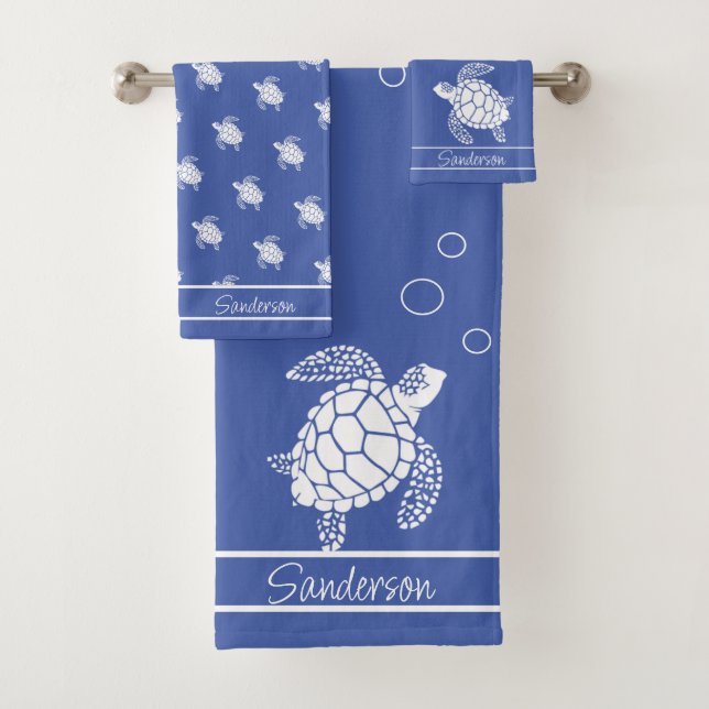 Monogram Blue n White Sea Turtle Nautical Bath Towel Set (Insitu)