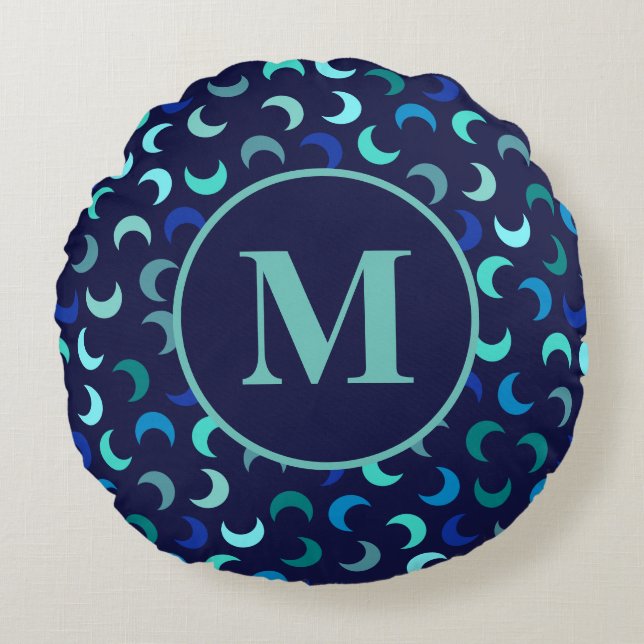 Monogram Blue New Moon Pattern Round Pillow (Front)