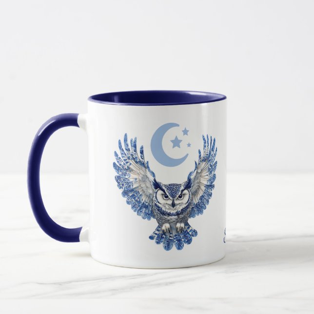 Monogram Blue Night Owl and Moon Mug (Left)
