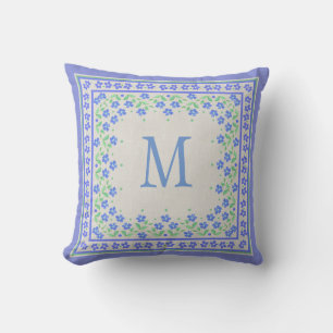 Monogram Blue Periwinkles Floral Border Faux Linen Throw Pillow