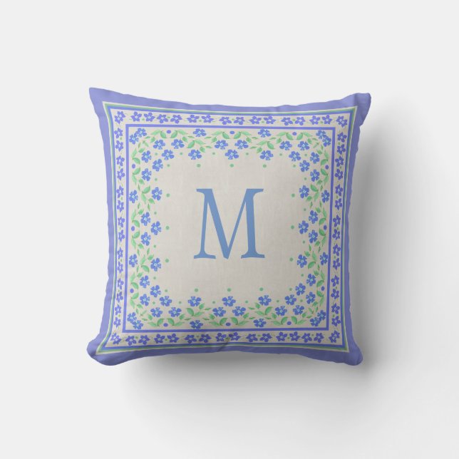 Monogram Blue Periwinkles Floral Border Faux Linen Throw Pillow (Front)