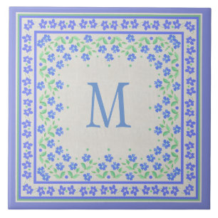 Monogram Blue Periwinkles Floral Border Faux Linen Tile