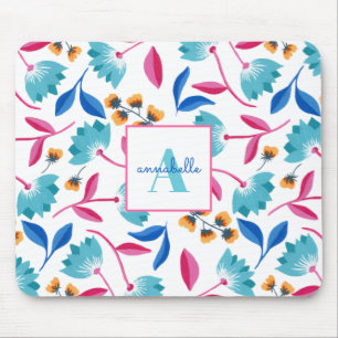 Monogram Blue & Pink Painted Floral Pattern Name Mouse Pad
