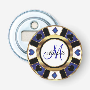 Monogram Blue Poker Chip Design Bottle Opener