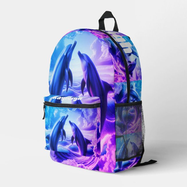 Monogram Blue & Purple Dolphins Ocean | Printed Backpack (Back Corner Right)