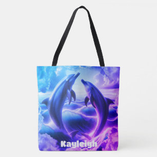Monogram Blue & Purple Dolphins Ocean Tote Bag
