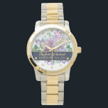 Monogram Blue Purple Floral Gold Newlyweds Wedding Watch<br><div class="desc">Elegant commemorative wedding gift for the newlyweds allowing you add their surname,  monogram,  names and wedding date. Design here is a lovely deep navy blue and purple floral bouquet with gold coloured calligraphy and typography.</div>