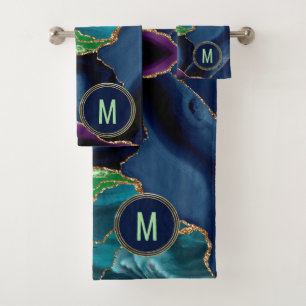 Monogram Blue Purple Green Agate Gold Glitter Bath Towel Set
