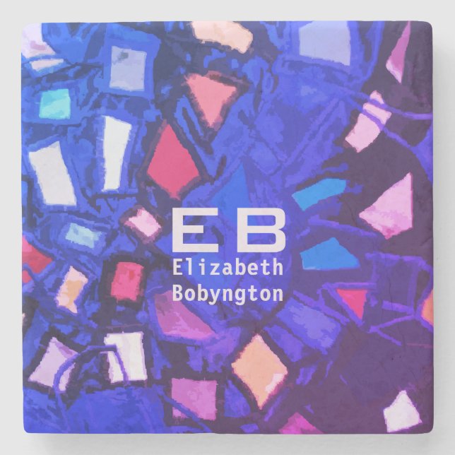 Monogram blue purple pink abstract pattern stone coaster (Front)