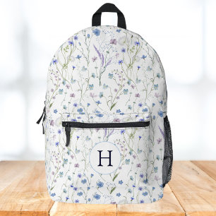 Monogram Blue Purple Pretty Wildflower Floral Printed Backpack