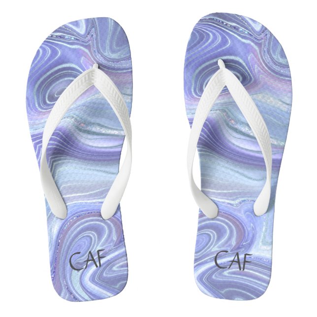 Monogram Blue Purple Silver Agate Marble Swirl  Flip Flops (Footbed)