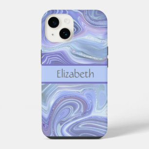 Monogram Blue Purple Silver Glitter Agate Marble iPhone 14 Case