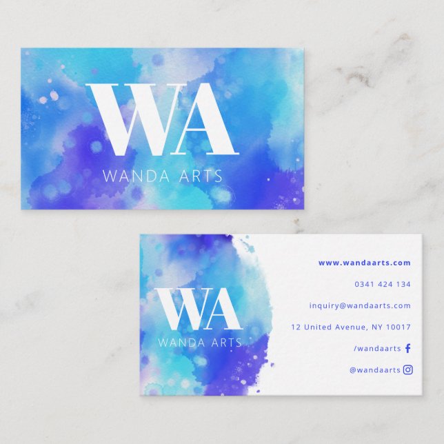 Monogram Blue Purple Watercolor Artist Business Card (Front/Back)