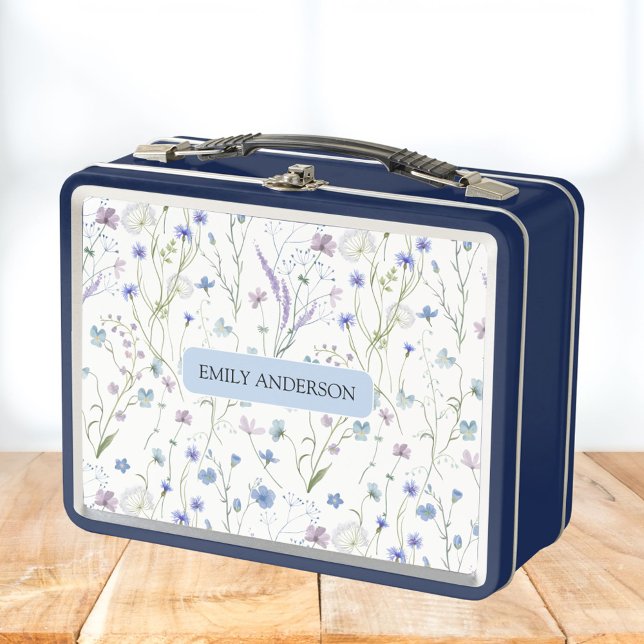 Monogram Blue Purple Wildflower Floral Pattern Metal Lunch Box (In situ)