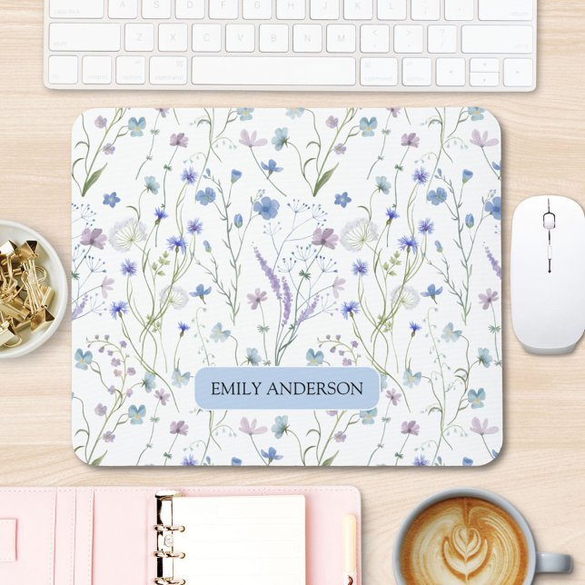 Monogram Blue Purple Wildflower Floral Pattern Mouse Pad (In situ)