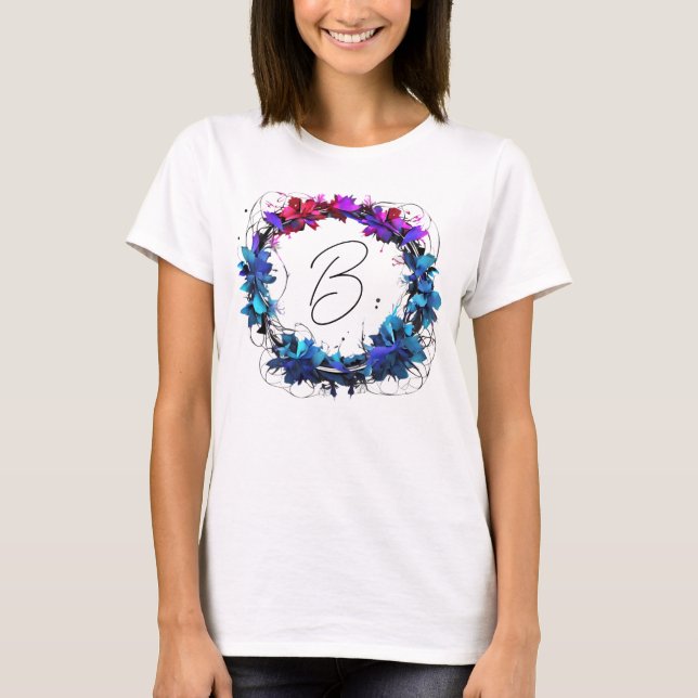 Monogram Blue Red Pink Floral Wreath  T-Shirt (Front)