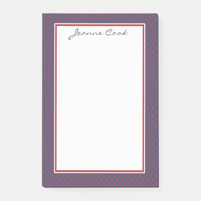 Monogram Blue & Red Quatrefoil Trellis Pattern Post-it Notes (Front)