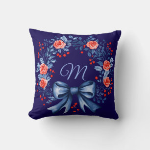 Monogram Blue Red Rose Christmas Throw Pillow