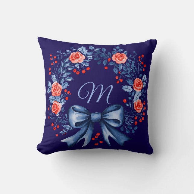 Monogram Blue Red Rose Christmas Throw Pillow (Front)