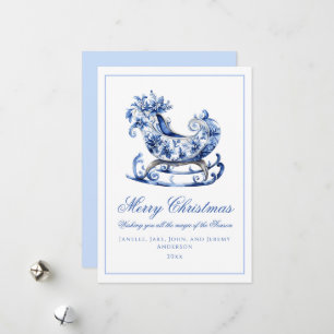 Monogram Blue Red Wreath Christmas Holiday Card