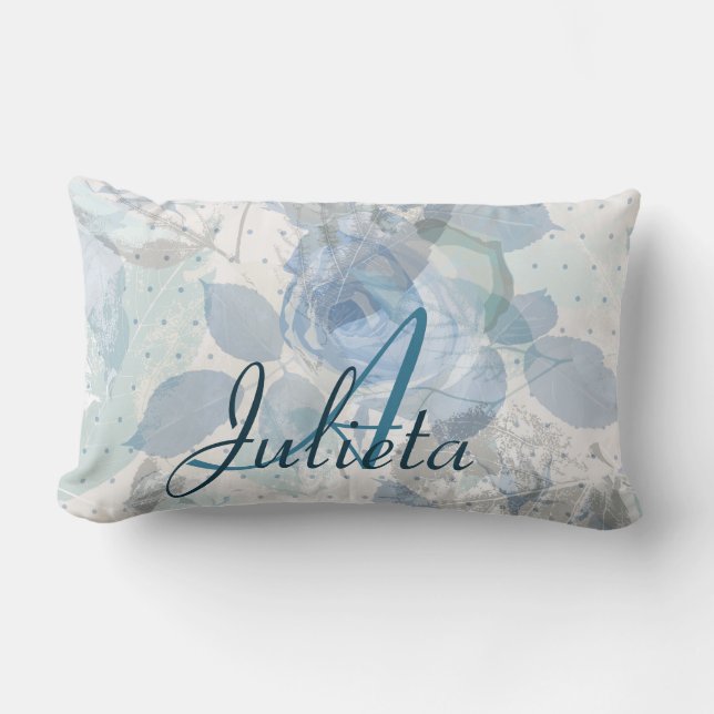 Monogram Blue Roses Lumbar Pillow (Front)