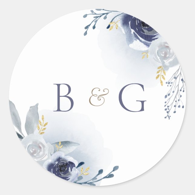 monogram blue roses wedding classic round sticker (Front)