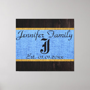 Monogram Blue Rustic Burlap Linen Wood Look Canvas Print