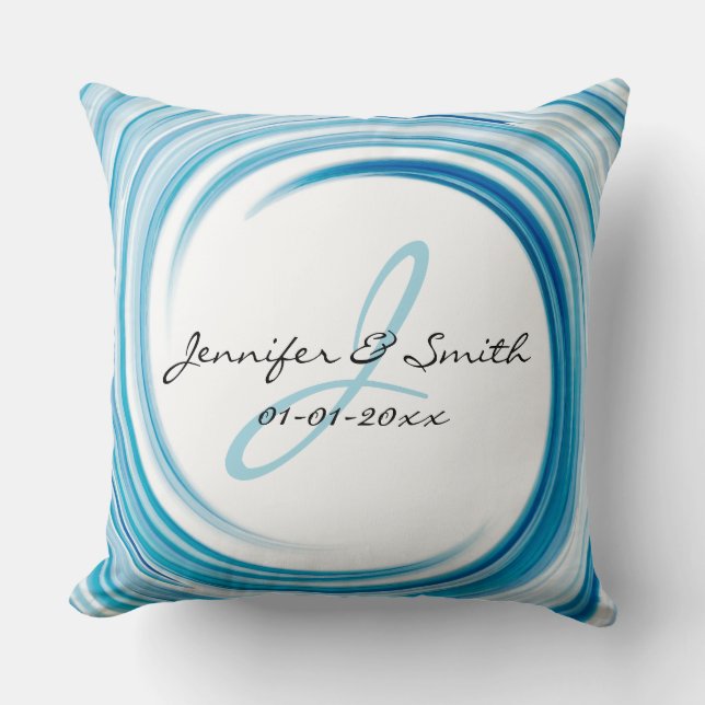 Monogram Blue sapphire Swirl Abstract Art Throw Pillow (Front)