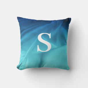 Monogram Blue Satin  Throw Pillow