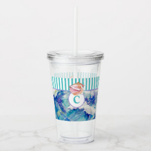 Monogram Blue Sea Abstract Seashell Stripes Acrylic Tumbler