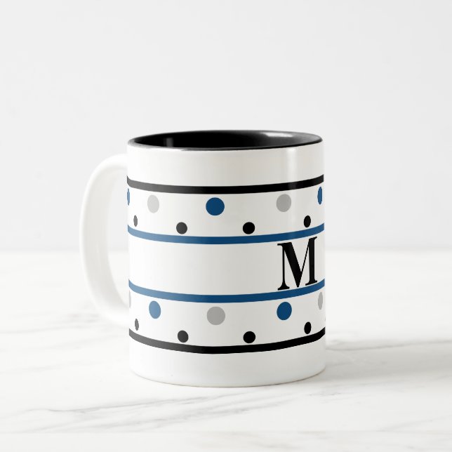Monogram Blue Silver Black Polka Dots Two-Tone Coffee Mug (Front Left)
