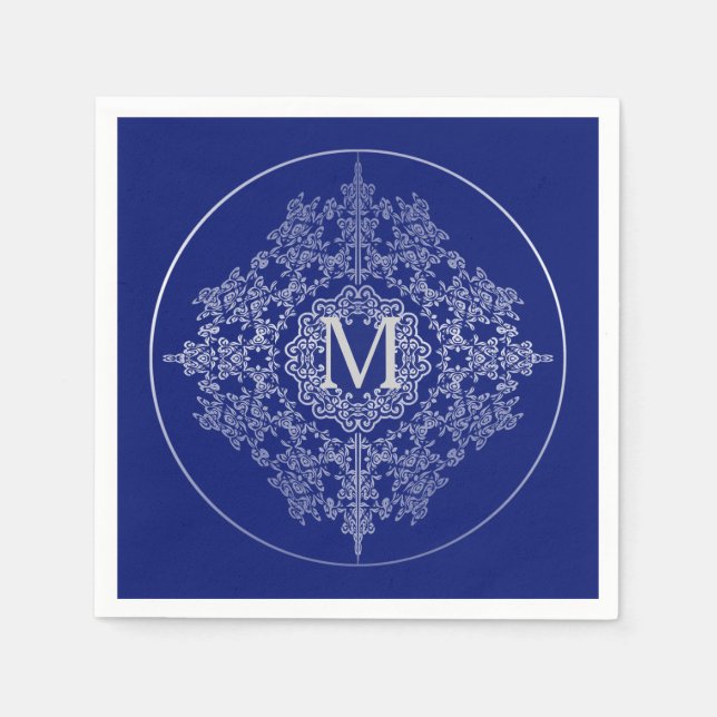 Monogram Blue & Silver Filigree Motif Napkins (Front)