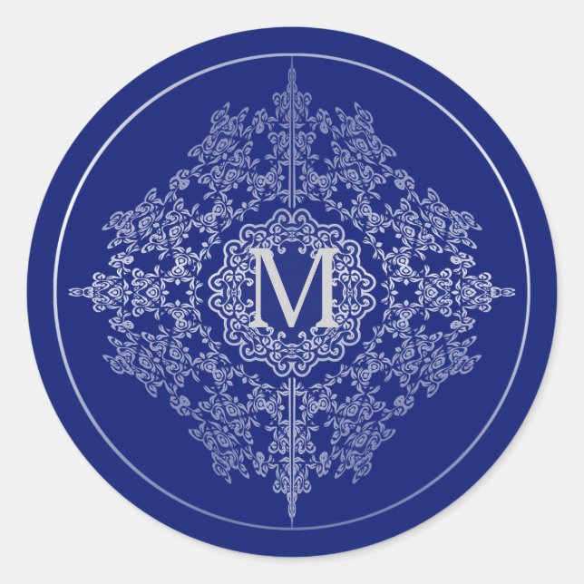 Monogram Blue & Silver Filigree Motif Stickers (Front)