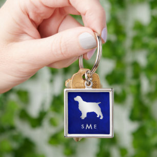 Monogram Blue Silver Spaniel Dog Keychain