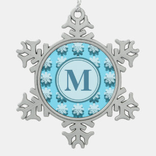 Monogram Blue Snowflake Pattern Customizable Pewter Christmas Ornament