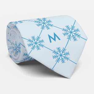Monogram Blue Snowflakes Diagonal Square Pattern Tie
