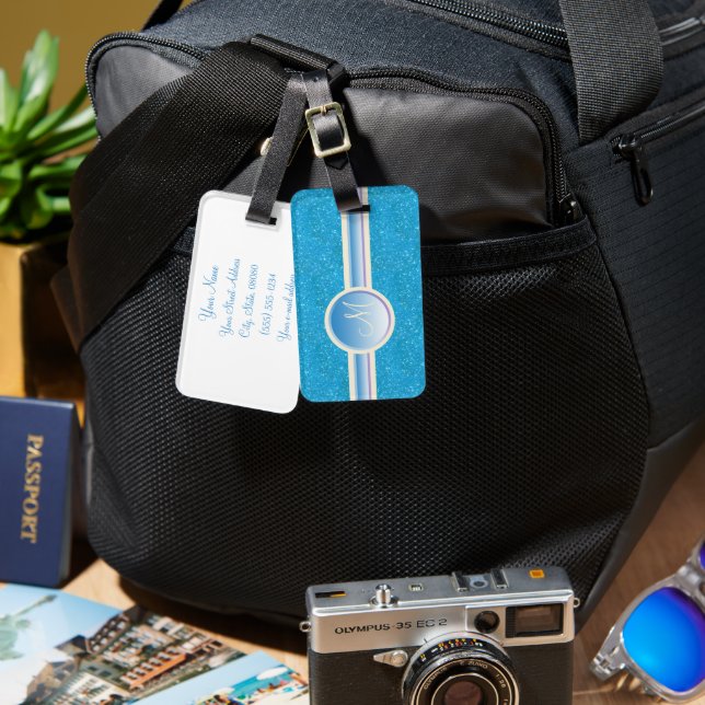 Monogram Blue Sparkles Personalized Luggage Tag (Front & Back)