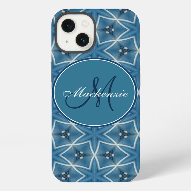 Monogram Blue Stars Geometric Repeating Pattern iPhone Case (Back)