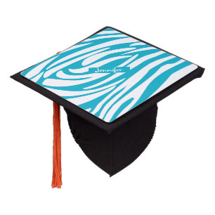 Monogram Blue Striped Zebra Pattern Trendy Graduation Cap Topper
